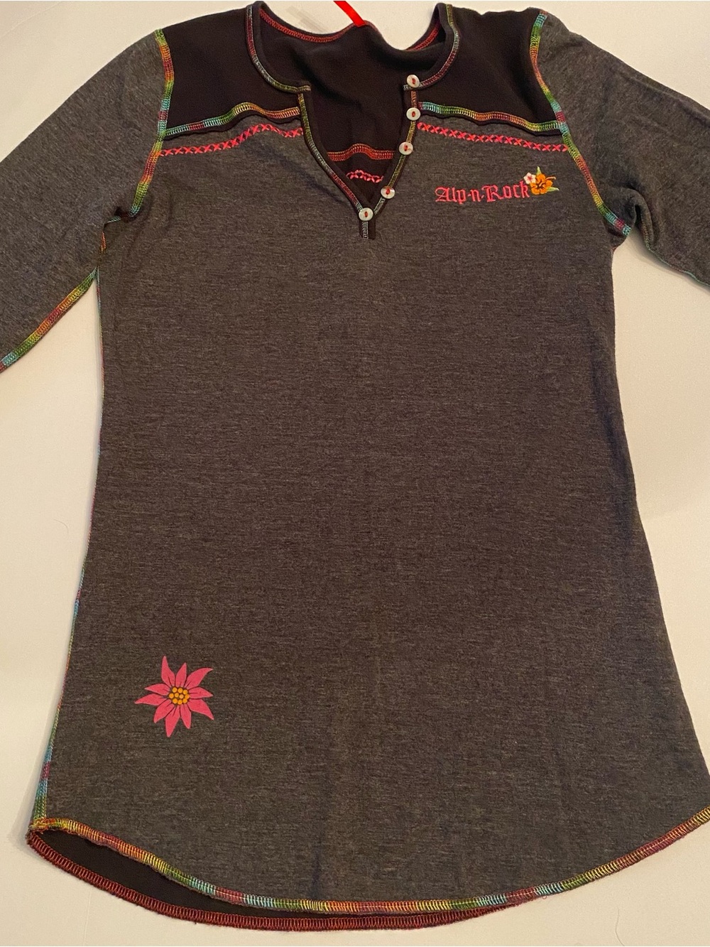 Alp N Rock Charcoal Gray Long Sleeve Tee with Pink Floral Accents